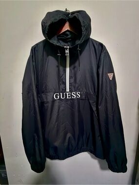 GUESS Logo Half Zip Hooded Windbreaker Jacket Black XL Men’s